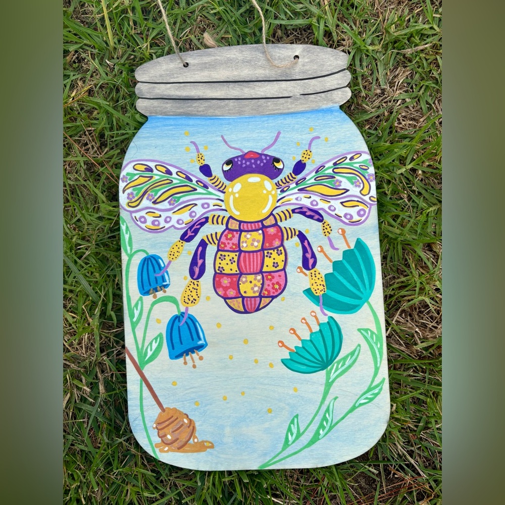 Whimsical Bee Wall Art Painting - Colorful Hand-Painted Home Accent
